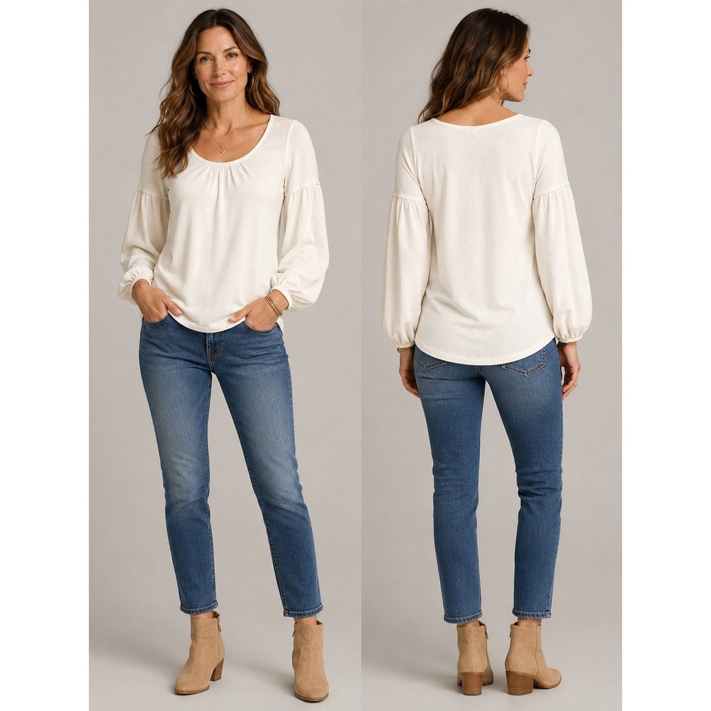 Talbots Womens Cream Rayon Lyocell Scoop Neck Puff Sleeve Blouse Top Small